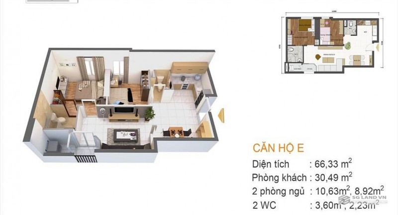 Căn hộ The Art Gia Hòa mẫu E 2pn 66m2